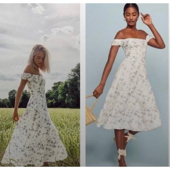 Reformation Cream Floral Off-Shoulder Midi Dress - Picture 1 of 9